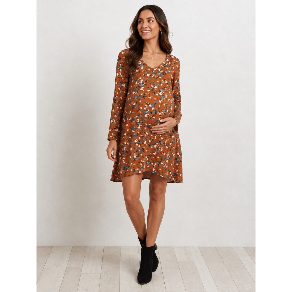 PinkBlush Maternity Dress Medium Orange Floral V-Neck Long Sleeve Boho NWT